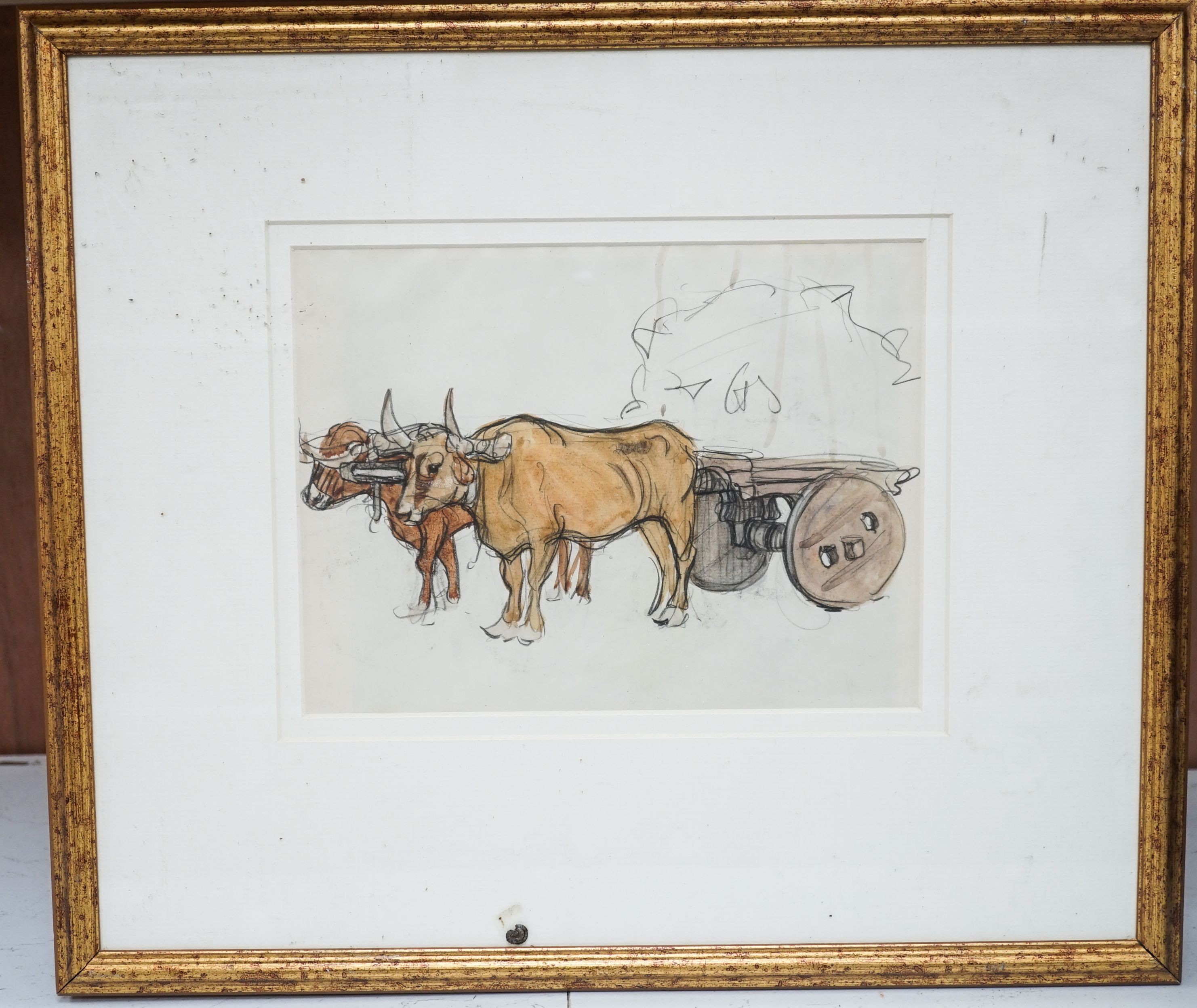 English School, watercolour and pencil, Study of a bullock cart, a similar sketch verso, 18 x 25cm